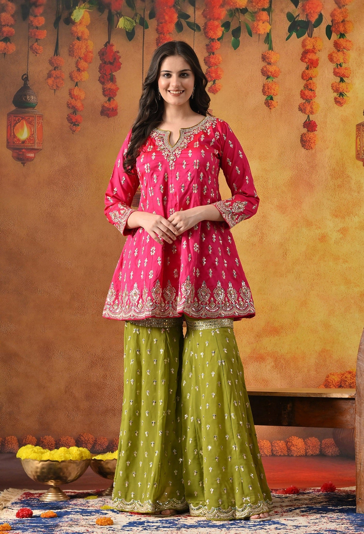 Hot Pink Gharara Set with Zardozi, Sequin & Crystal Work.