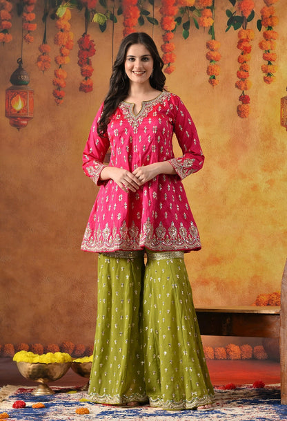 Hot Pink Gharara Set with Zardozi, Sequin & Crystal Work.