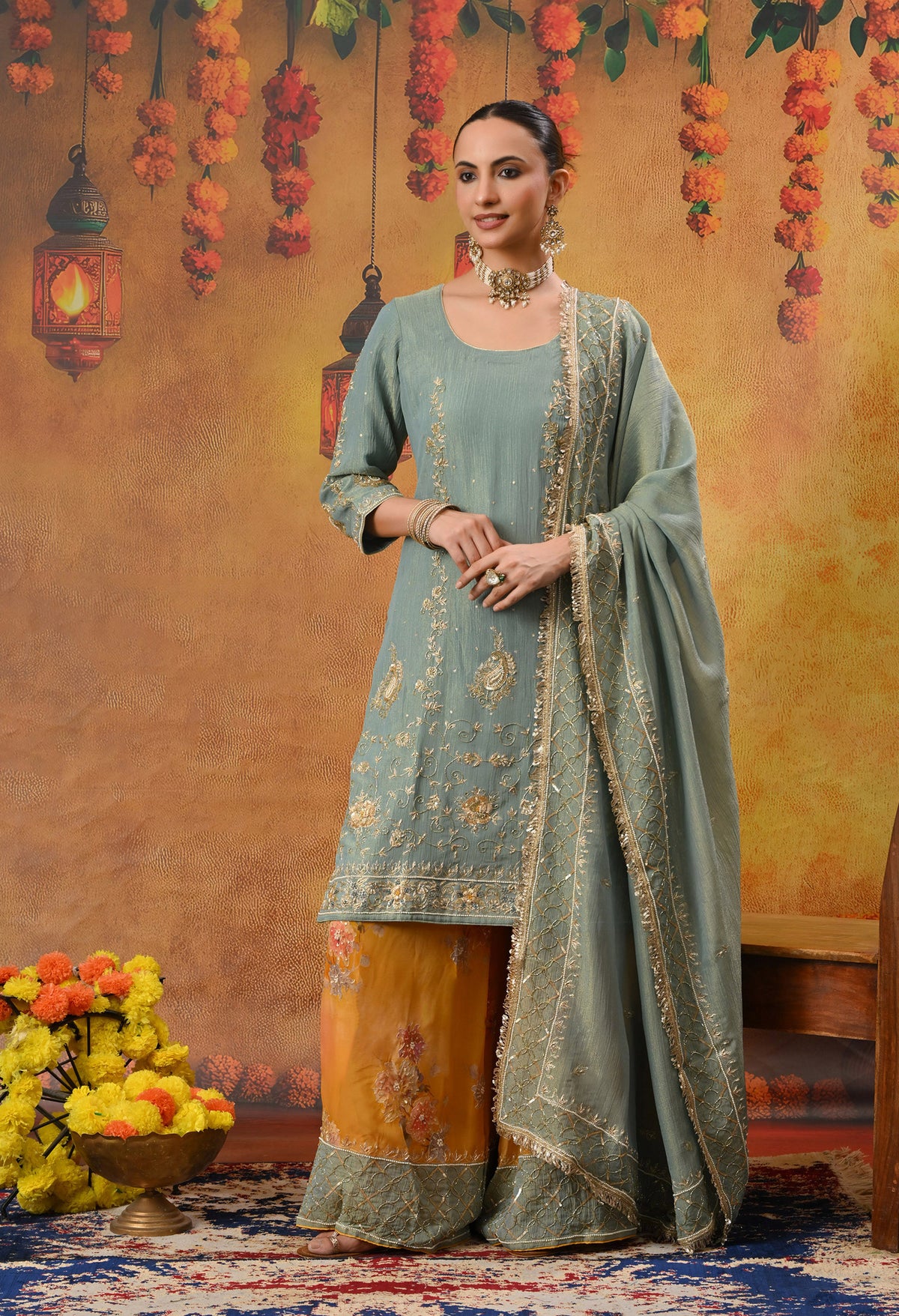 Grey and Yellow Sharara Set with Zardozi, Dabka, Sequence, and Thread Work