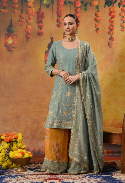 Grey and Yellow Sharara Set with Zardozi, Dabka, Sequence, and Thread Work