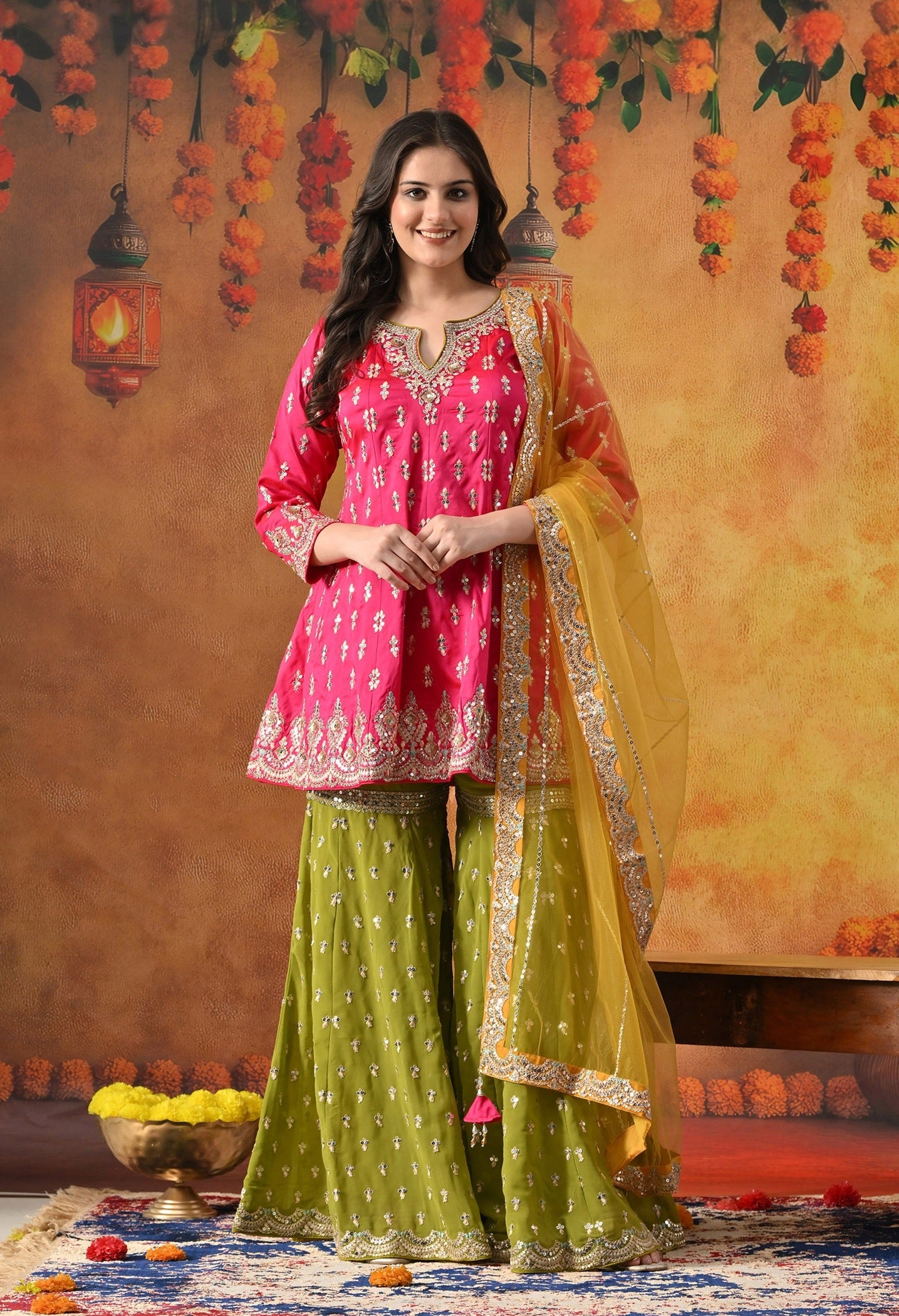 Hot Pink Gharara Set with Zardozi, Sequin & Crystal Work.