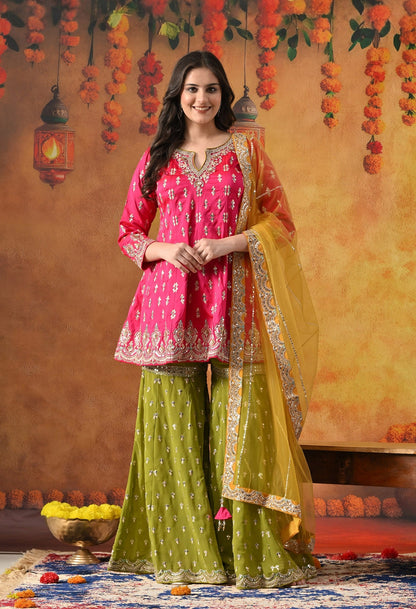 Hot Pink Gharara Set with Zardozi, Sequin & Crystal Work.