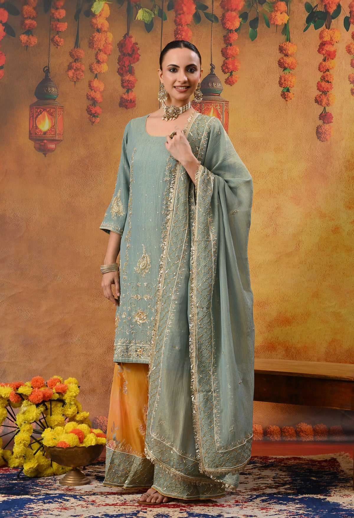Grey and Yellow Sharara Set with Zardozi, Dabka, Sequence, and Thread Work