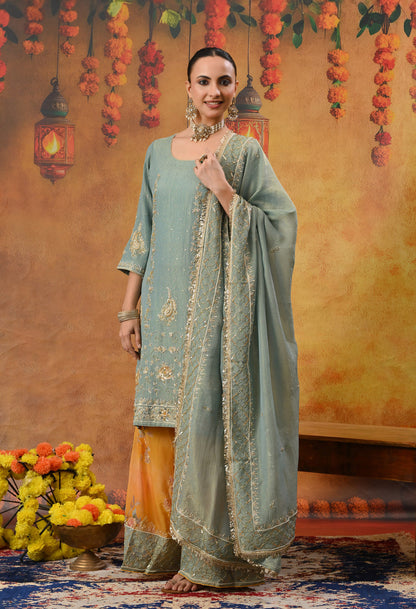 Grey and Yellow Sharara Set with Zardozi, Dabka, Sequence, and Thread Work