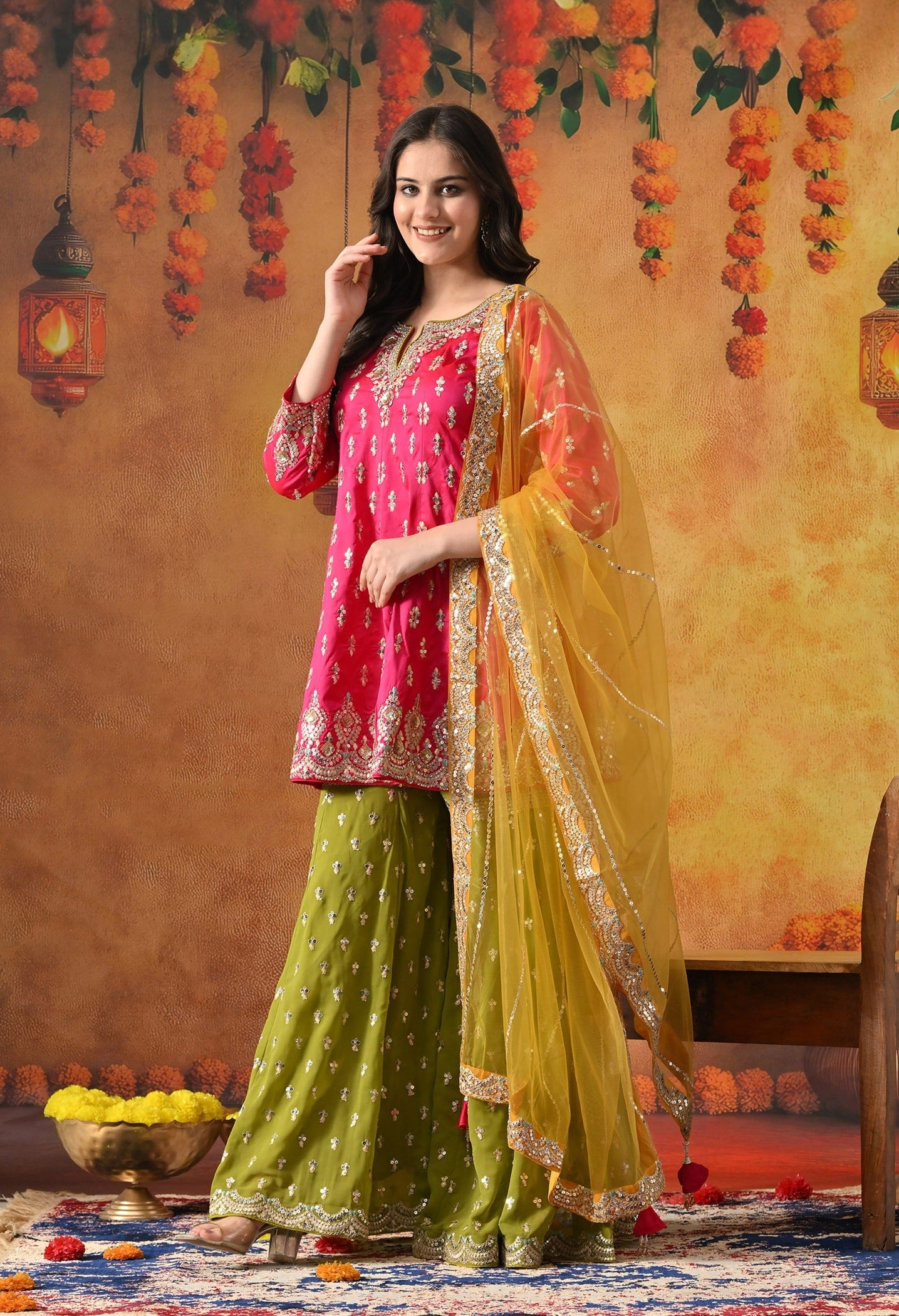 Hot Pink Gharara Set with Zardozi, Sequin & Crystal Work.