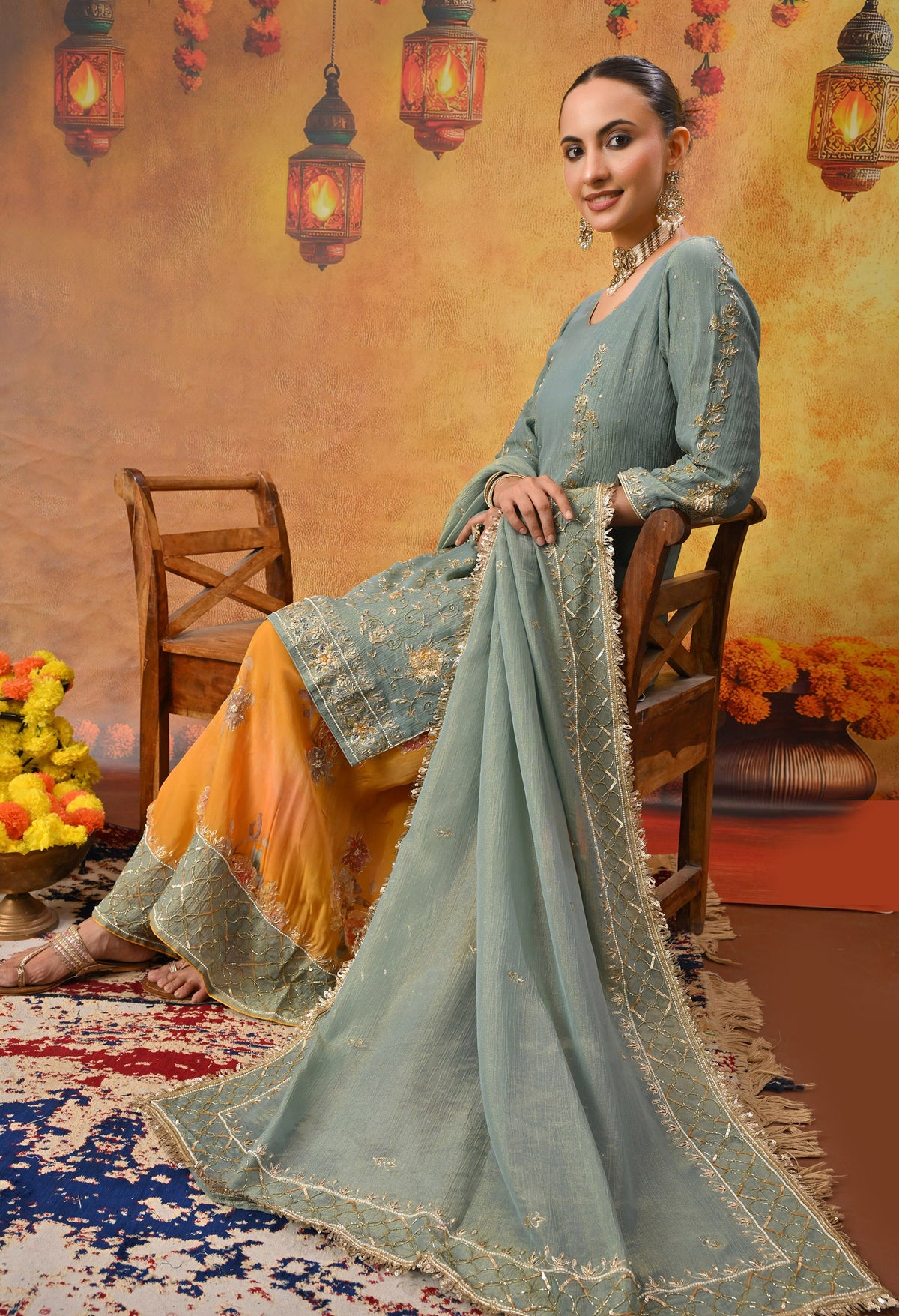 Grey and Yellow Sharara Set with Zardozi, Dabka, Sequence, and Thread Work