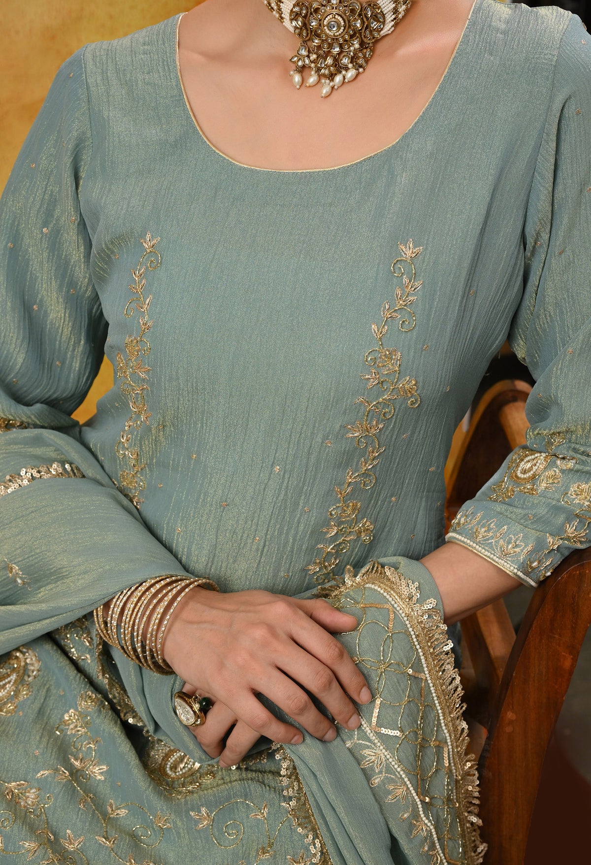Grey and Yellow Sharara Set with Zardozi, Dabka, Sequence, and Thread Work