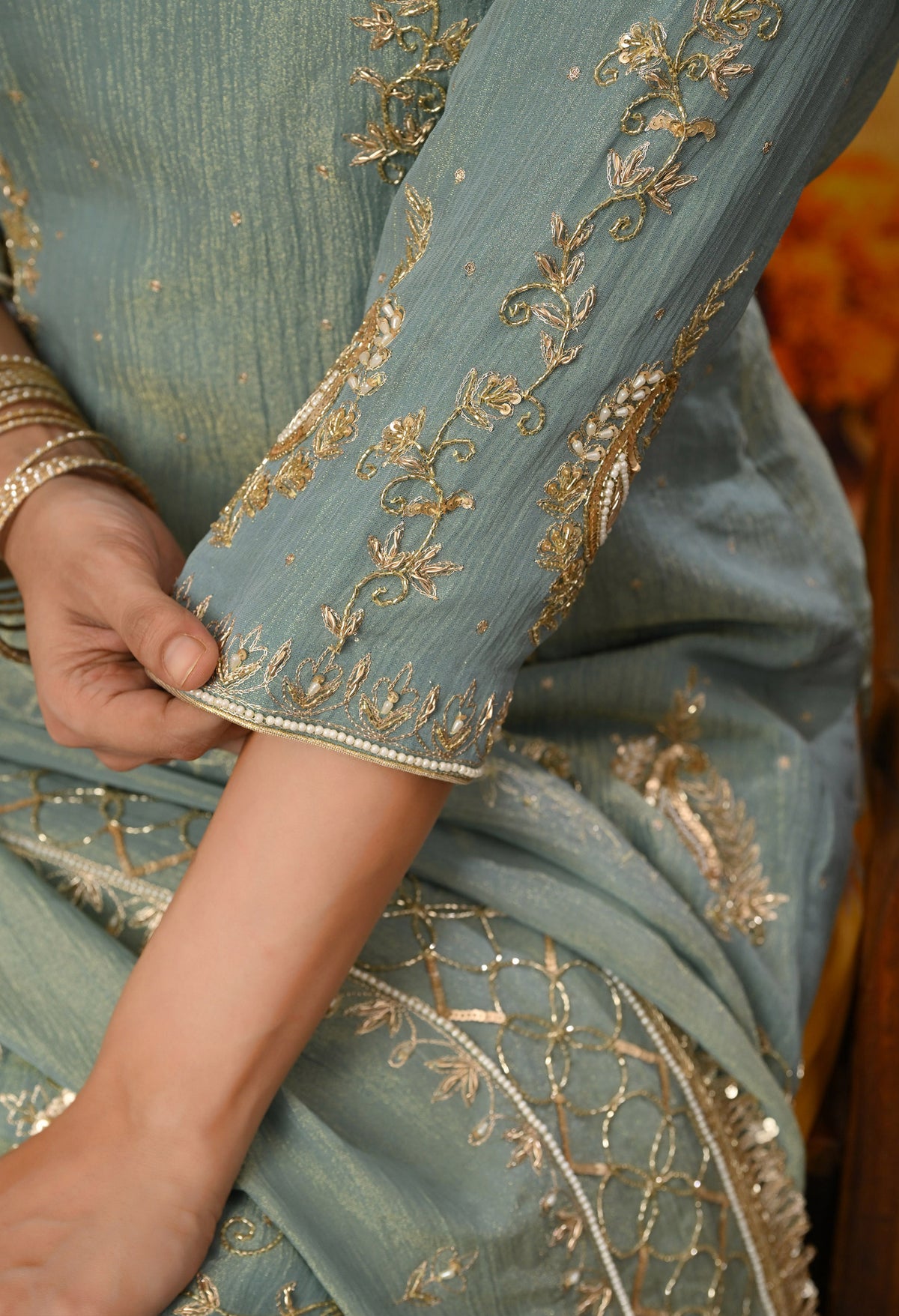 Grey and Yellow Sharara Set with Zardozi, Dabka, Sequence, and Thread Work