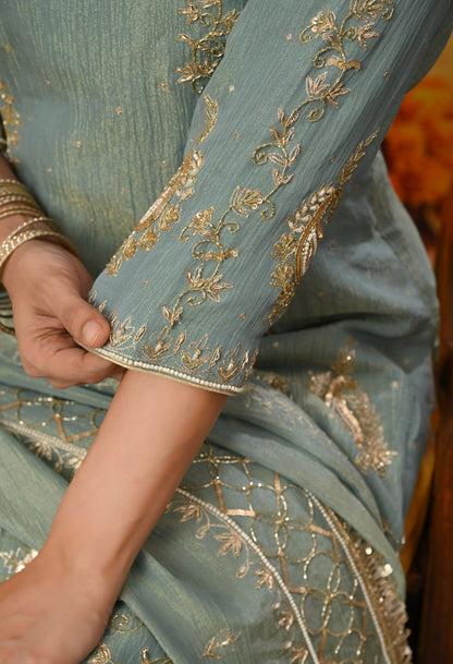 Grey and Yellow Sharara Set with Zardozi, Dabka, Sequence, and Thread Work