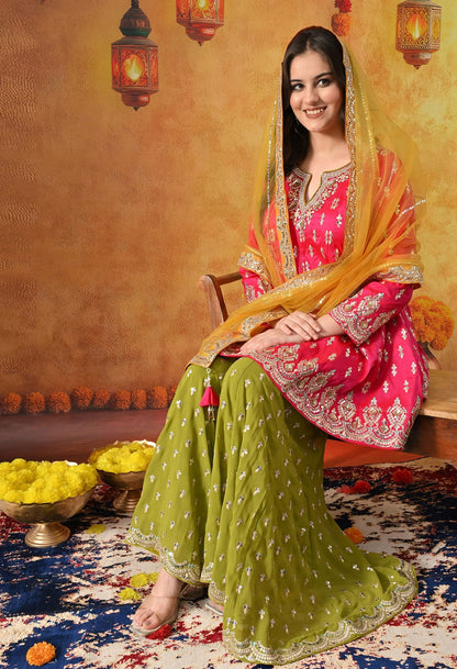 Hot Pink Gharara Set with Zardozi, Sequin & Crystal Work.