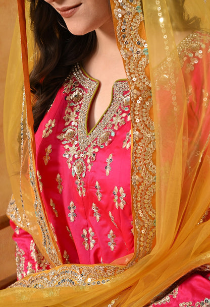 Hot Pink Gharara Set with Zardozi, Sequin & Crystal Work.