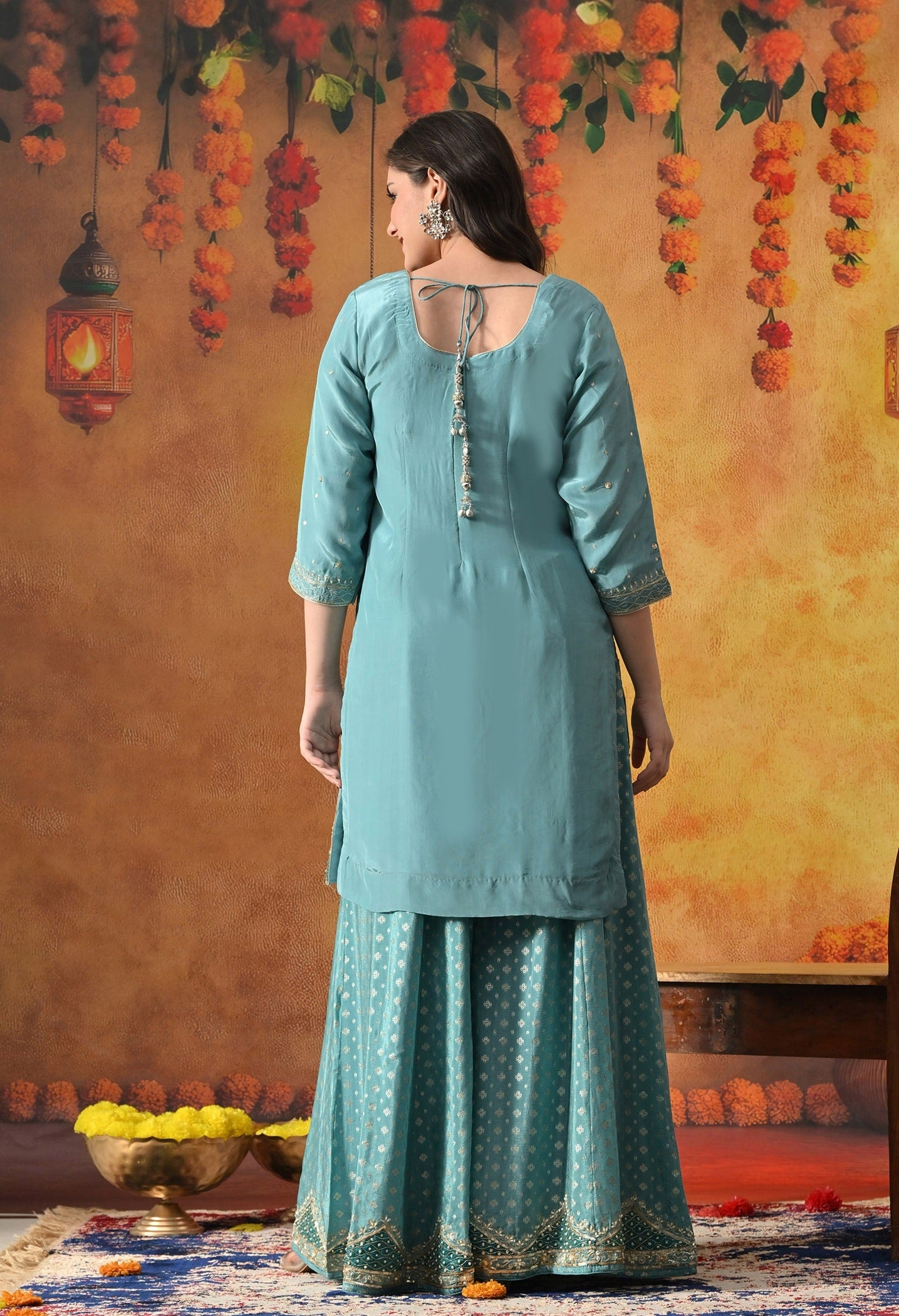 Aqua Blue Sharara Set with Zardozi, Applique, Pearl & Sequin Work.