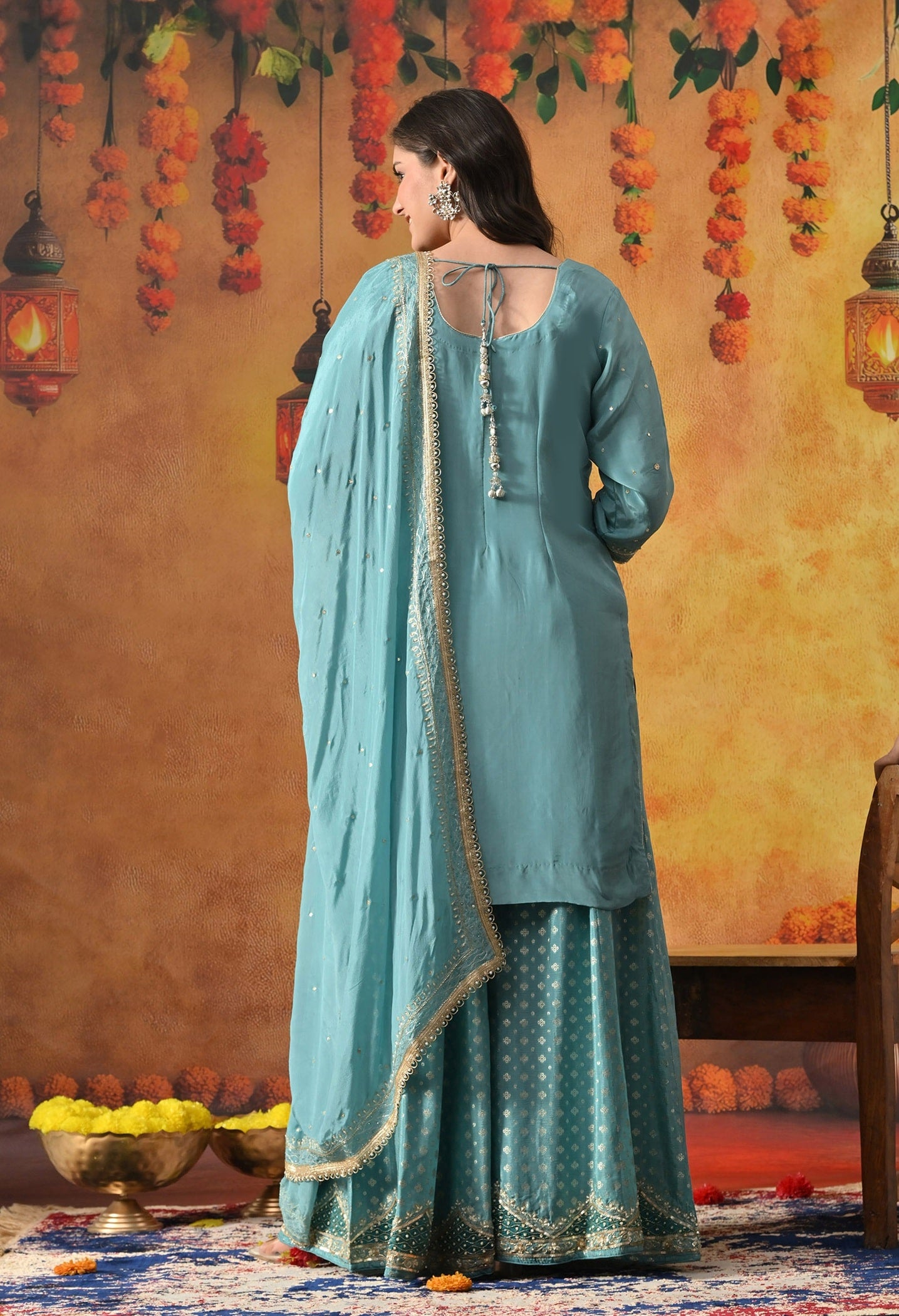 Aqua Blue Sharara Set with Zardozi, Applique, Pearl & Sequin Work.