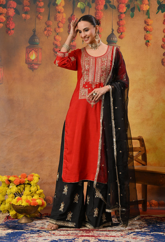Red Kurta Set with Exceptional Zardozi, Dabka, and Sequin Work