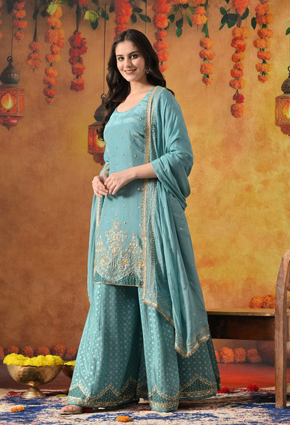 Aqua Blue Sharara Set with Zardozi, Applique, Pearl & Sequin Work.