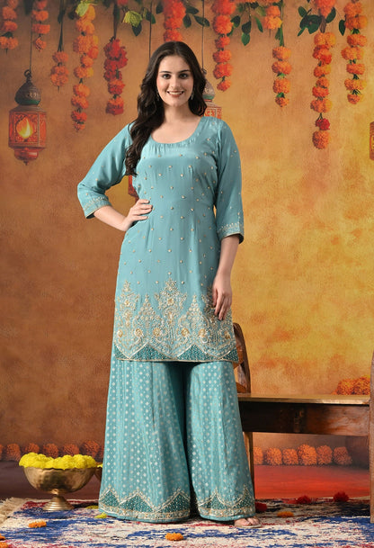 Aqua Blue Sharara Set with Zardozi, Applique, Pearl & Sequin Work.