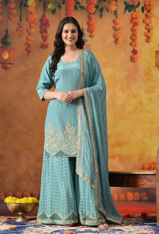 Aqua Blue Sharara Set with Zardozi, Applique, Pearl & Sequin Work.