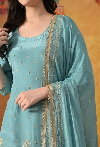 Aqua Blue Sharara Set with Zardozi, Applique, Pearl & Sequin Work.