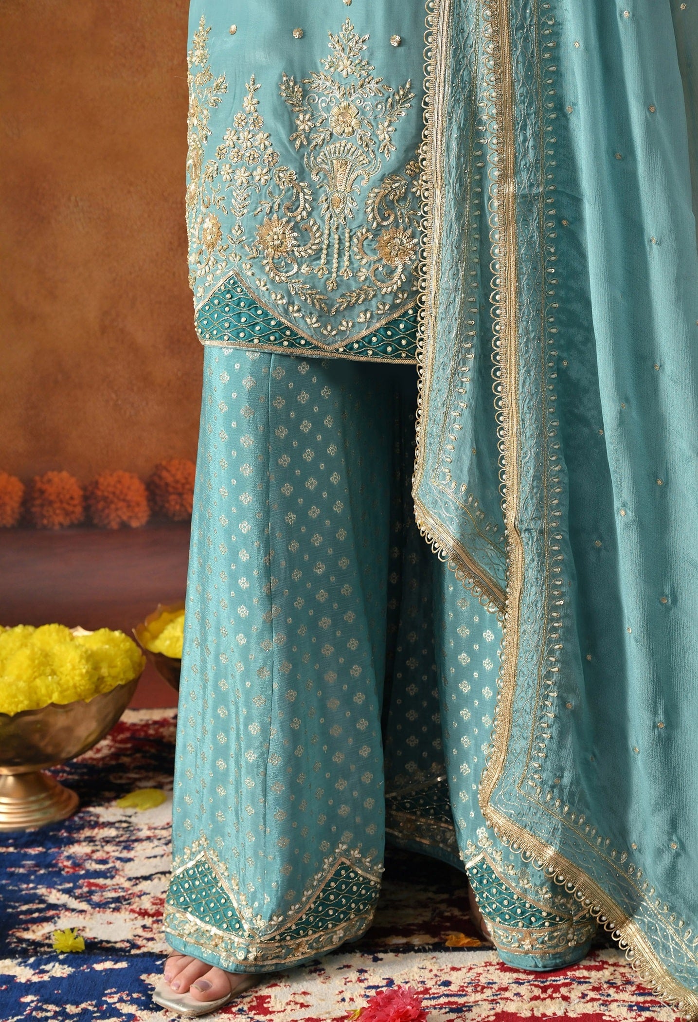 Aqua Blue Sharara Set with Zardozi, Applique, Pearl & Sequin Work.