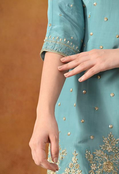 Aqua Blue Sharara Set with Zardozi, Applique, Pearl & Sequin Work.