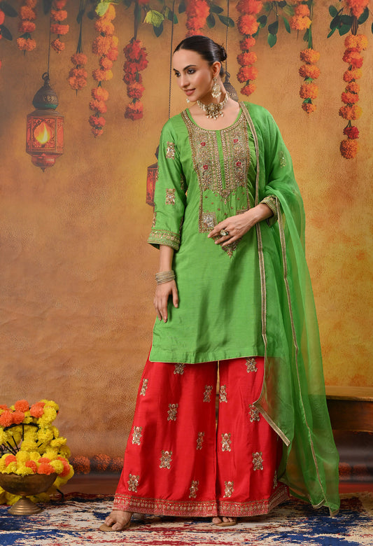 Parrot Green Kurta Set with Zardozi, Stone, and Sequence Work