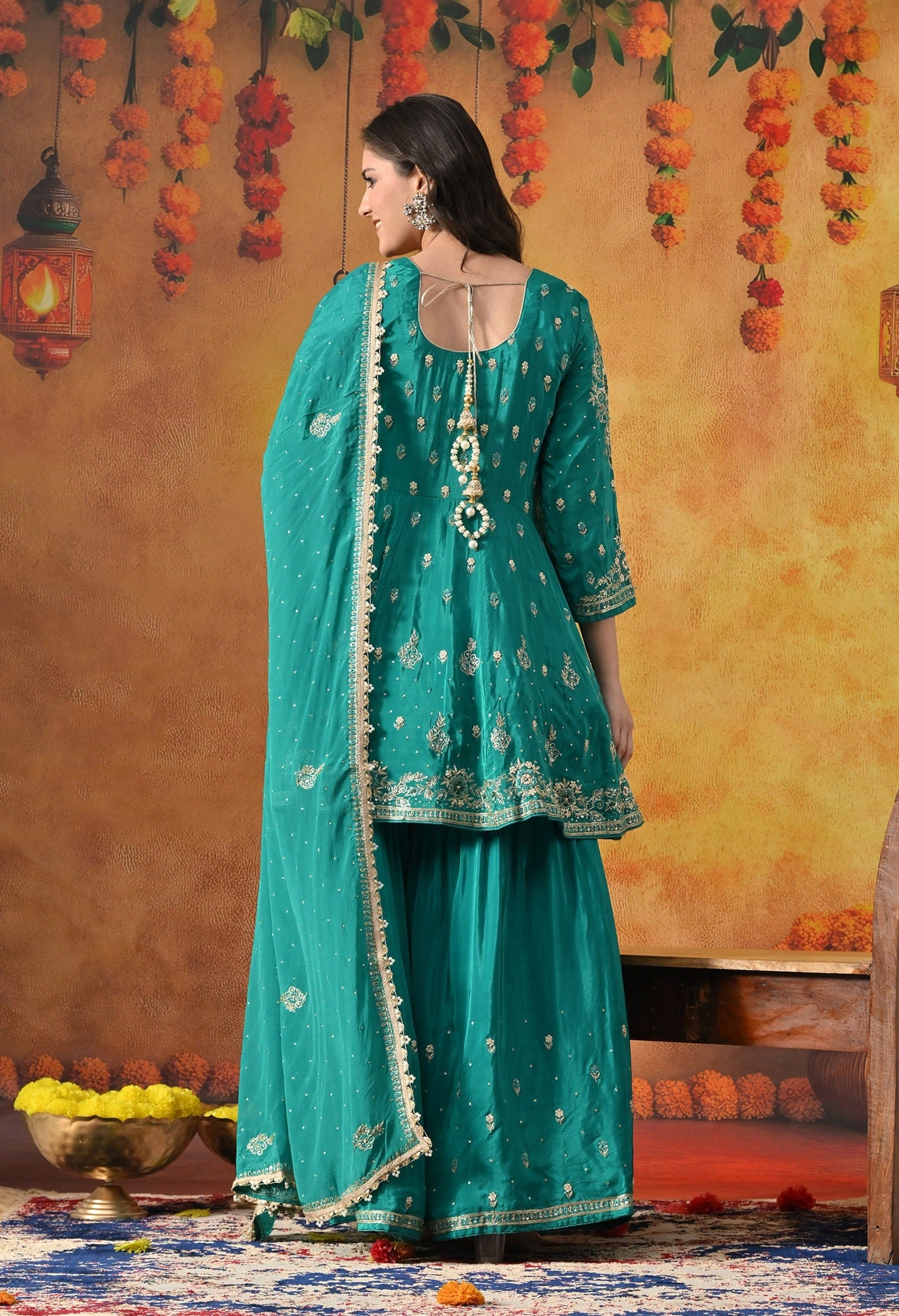 Green Peplum Sharara Set with Zardozi, Thread, Pearl, Cutdana & Sequin Work.