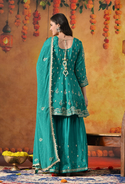 Green Peplum Sharara Set with Zardozi, Thread, Pearl, Cutdana & Sequin Work.