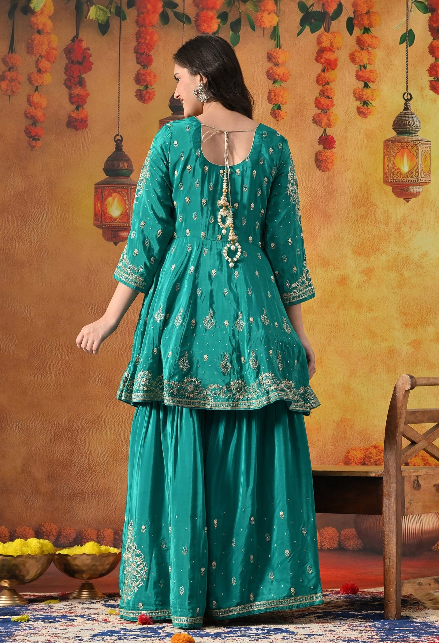 Green Peplum Sharara Set with Zardozi, Thread, Pearl, Cutdana & Sequin Work.