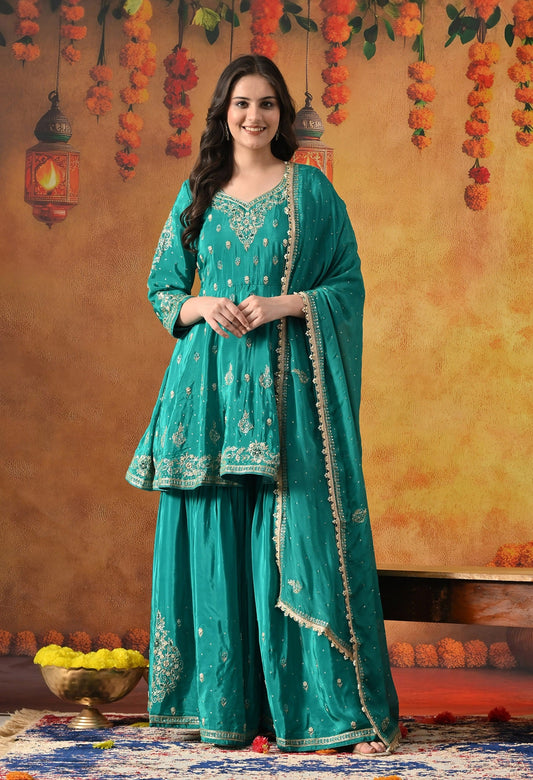 Green Peplum Sharara Set with Zardozi, Thread, Pearl, Cutdana & Sequin Work.