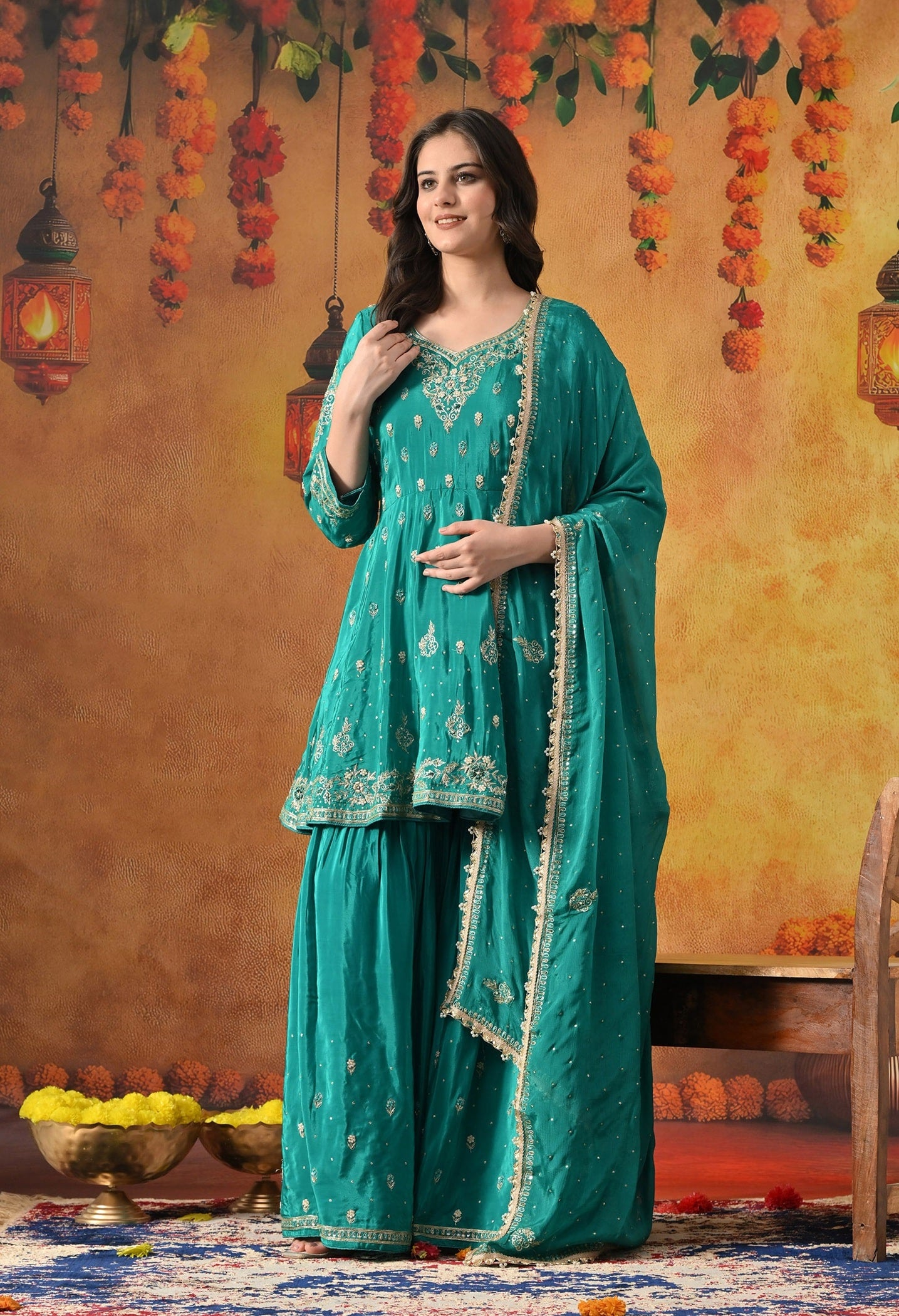 Green Peplum Sharara Set with Zardozi, Thread, Pearl, Cutdana & Sequin Work.