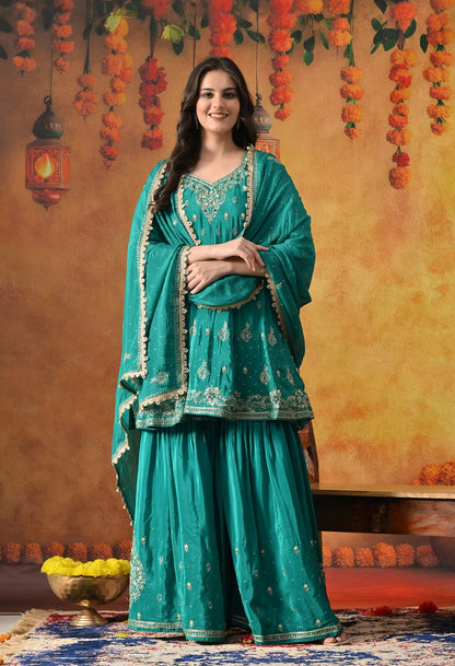 Green Peplum Sharara Set with Zardozi, Thread, Pearl, Cutdana & Sequin Work.