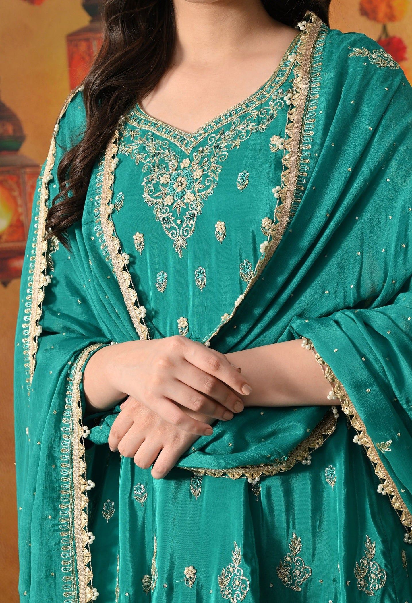 Green Peplum Sharara Set with Zardozi, Thread, Pearl, Cutdana & Sequin Work.