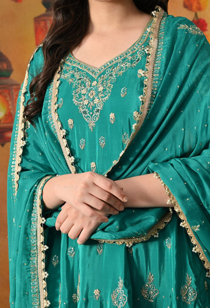 Green Peplum Sharara Set with Zardozi, Thread, Pearl, Cutdana & Sequin Work.