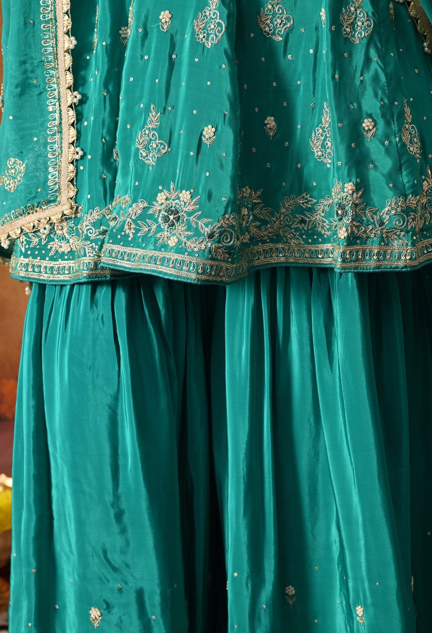 Green Peplum Sharara Set with Zardozi, Thread, Pearl, Cutdana & Sequin Work.