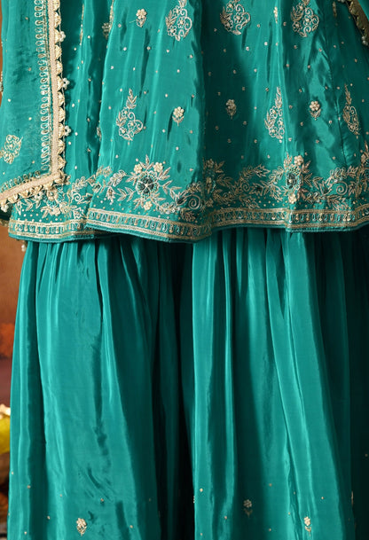Green Peplum Sharara Set with Zardozi, Thread, Pearl, Cutdana & Sequin Work.