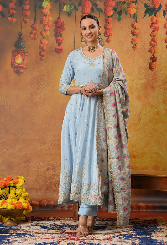 Light Blue Anarkali Set with Zardozi, Dabka, and Sequin
