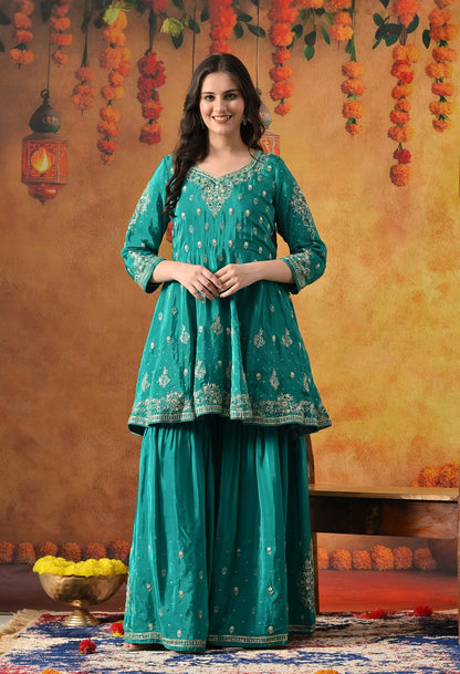 Green Peplum Sharara Set with Zardozi, Thread, Pearl, Cutdana & Sequin Work.