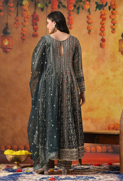 Navy Blue Anarkali Set with Zardozi, Crystal, Mirror & Sequin Work.