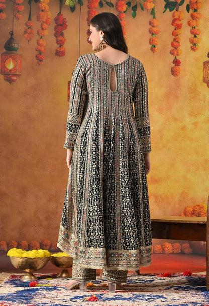 Navy Blue Anarkali Set with Zardozi, Crystal, Mirror & Sequin Work.