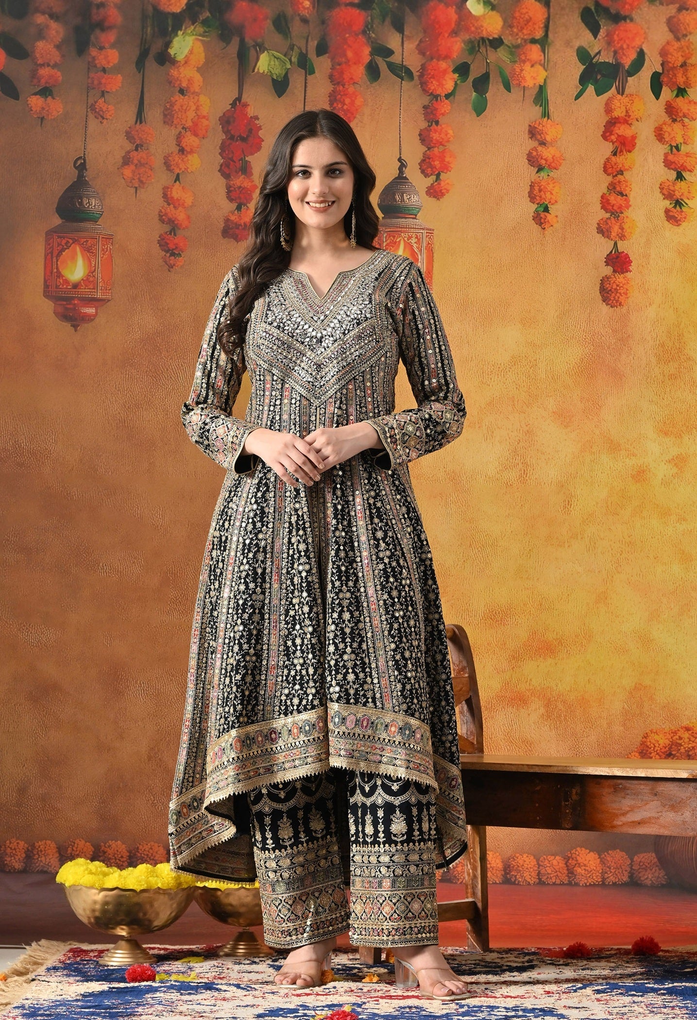 Navy Blue Anarkali Set with Zardozi, Crystal, Mirror & Sequin Work.