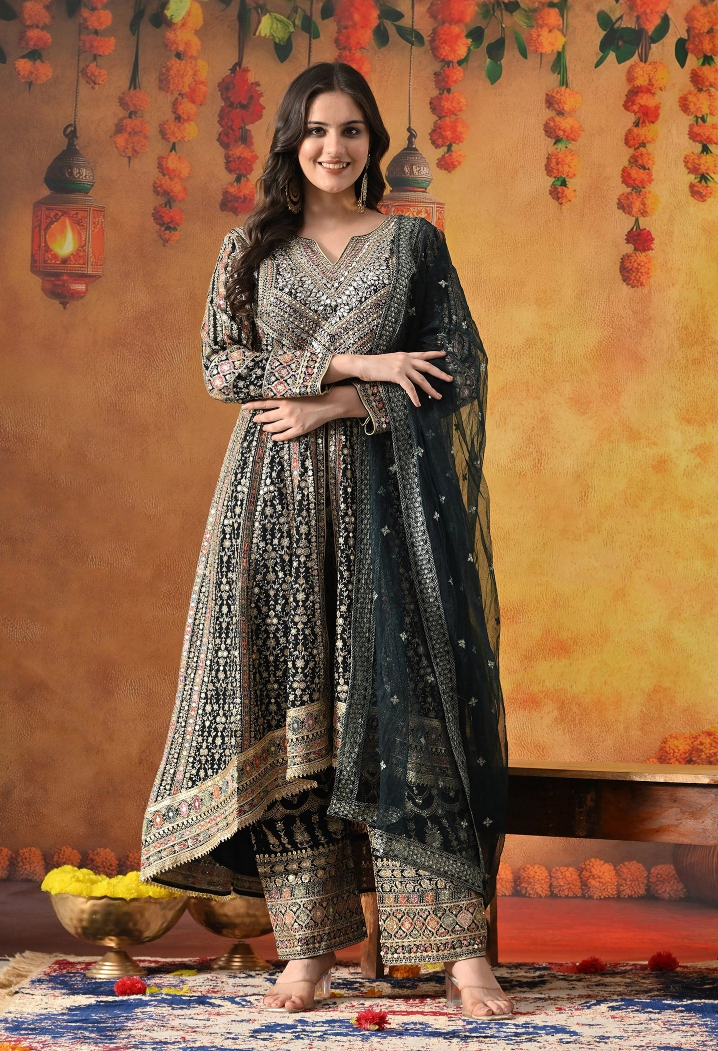 Navy Blue Anarkali Set with Zardozi, Crystal, Mirror & Sequin Work.