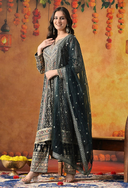 Navy Blue Anarkali Set with Zardozi, Crystal, Mirror & Sequin Work.