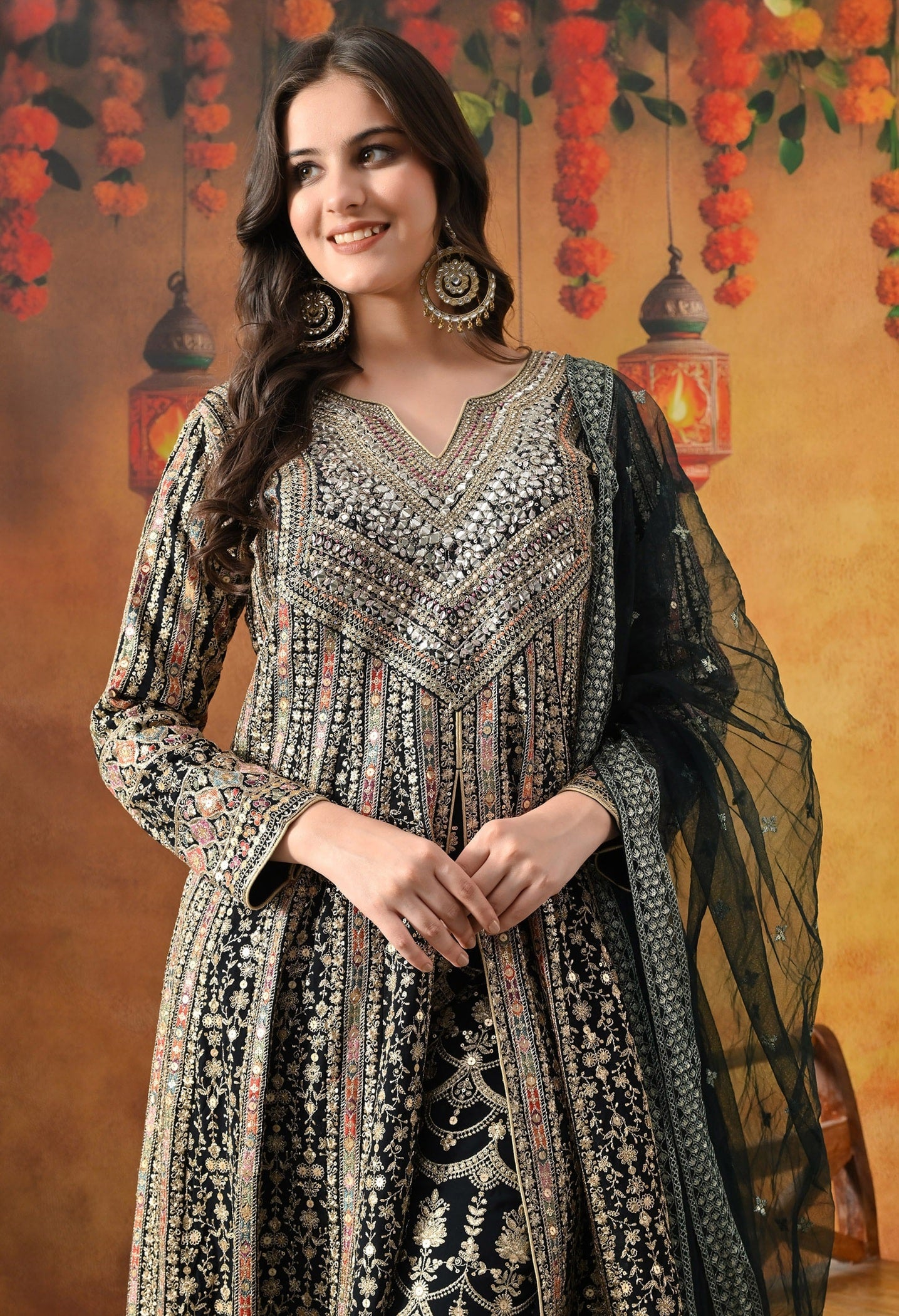 Navy Blue Anarkali Set with Zardozi, Crystal, Mirror & Sequin Work.