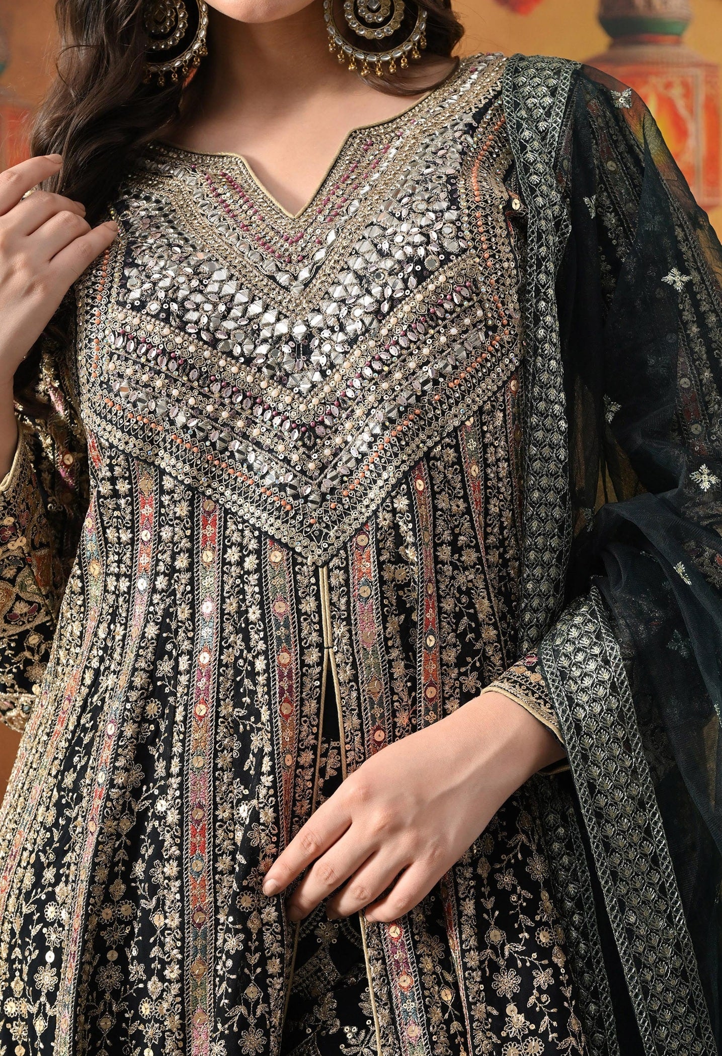 Navy Blue Anarkali Set with Zardozi, Crystal, Mirror & Sequin Work.