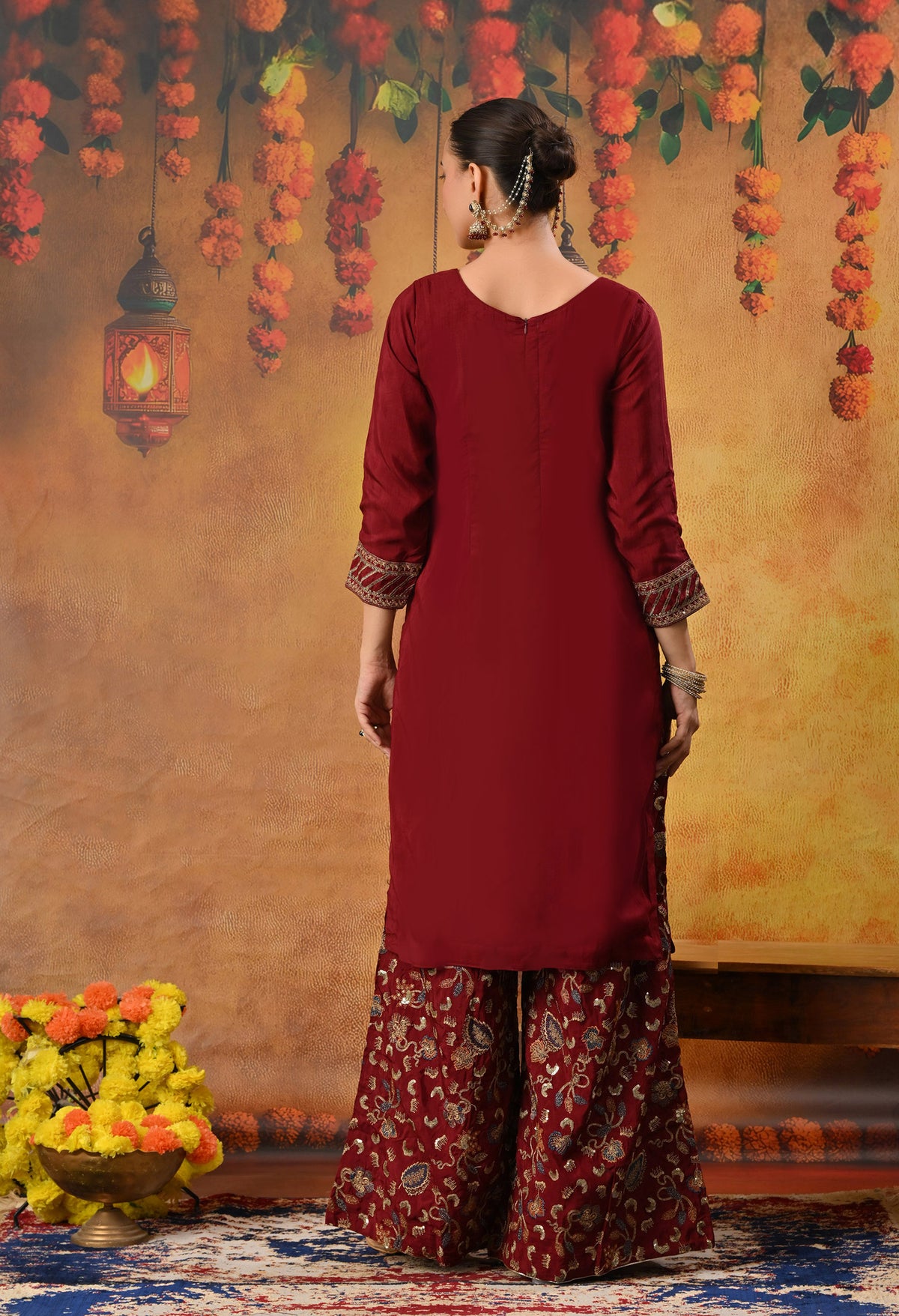 Red Maroon Sharara Set with Thread, Zari, and Sequence Work