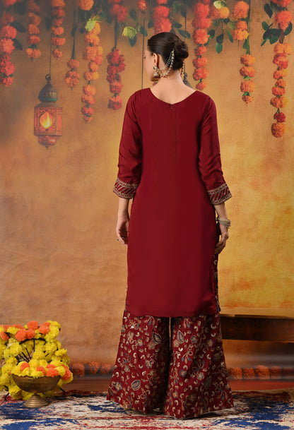 Red Maroon Sharara Set with Thread, Zari, and Sequence Work
