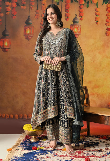 Navy Blue Anarkali Set with Zardozi, Crystal, Mirror & Sequin Work.