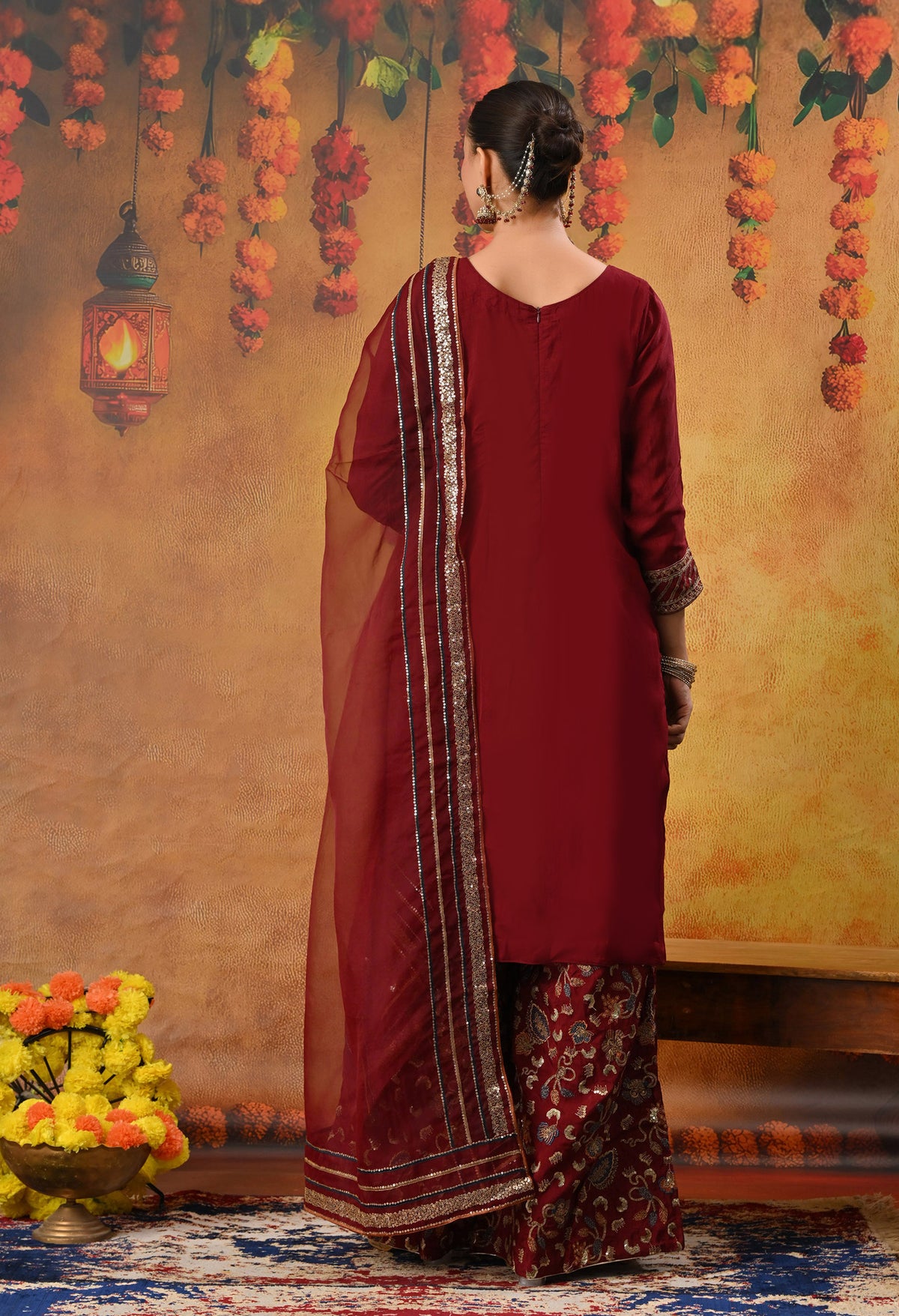 Red Maroon Sharara Set with Thread, Zari, and Sequence Work