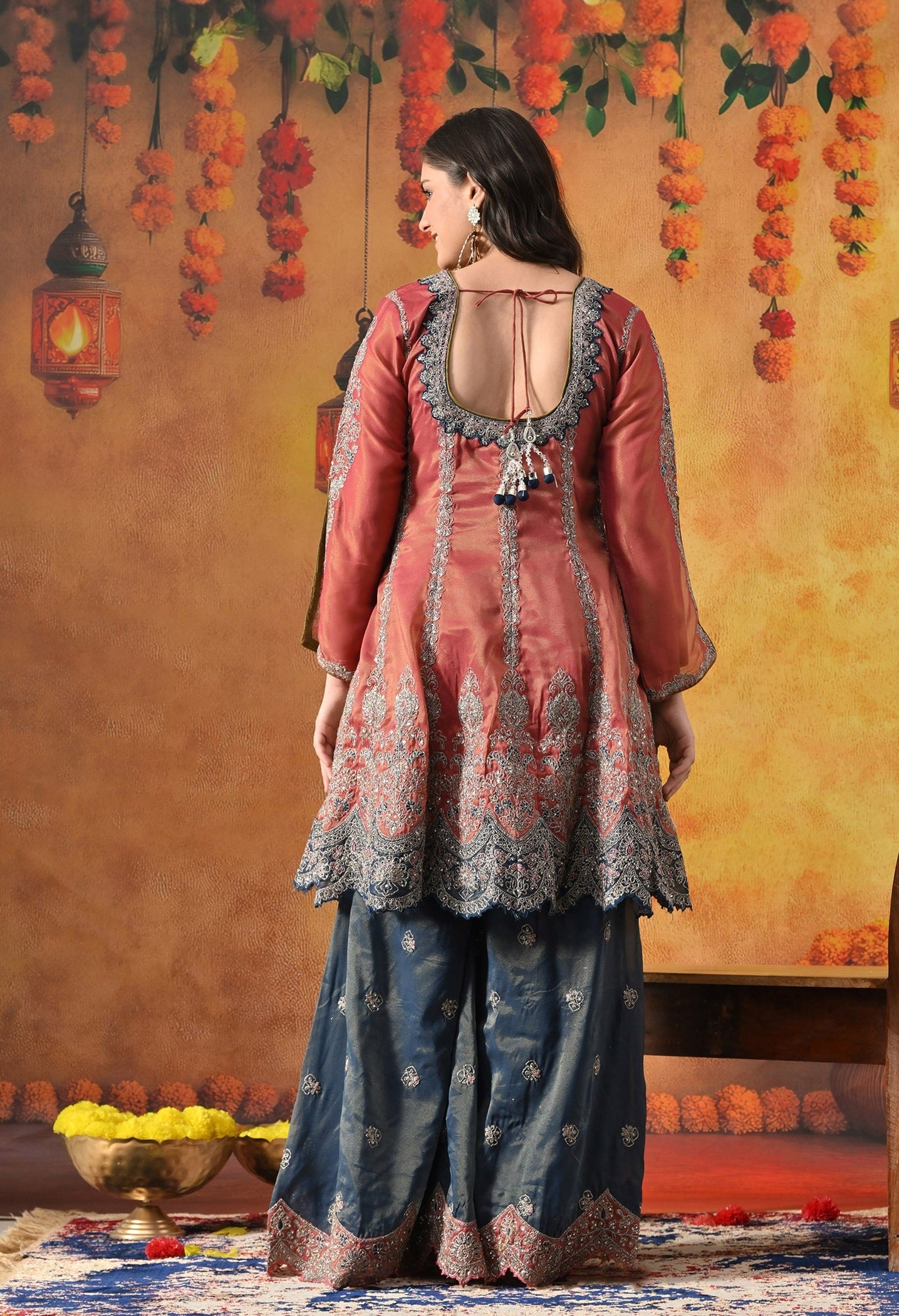 Rust Brown Sharara Set with Zardozi, Crystal, Applique & Thread Work.