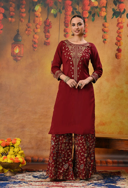 Red Maroon Sharara Set with Thread, Zari, and Sequence Work